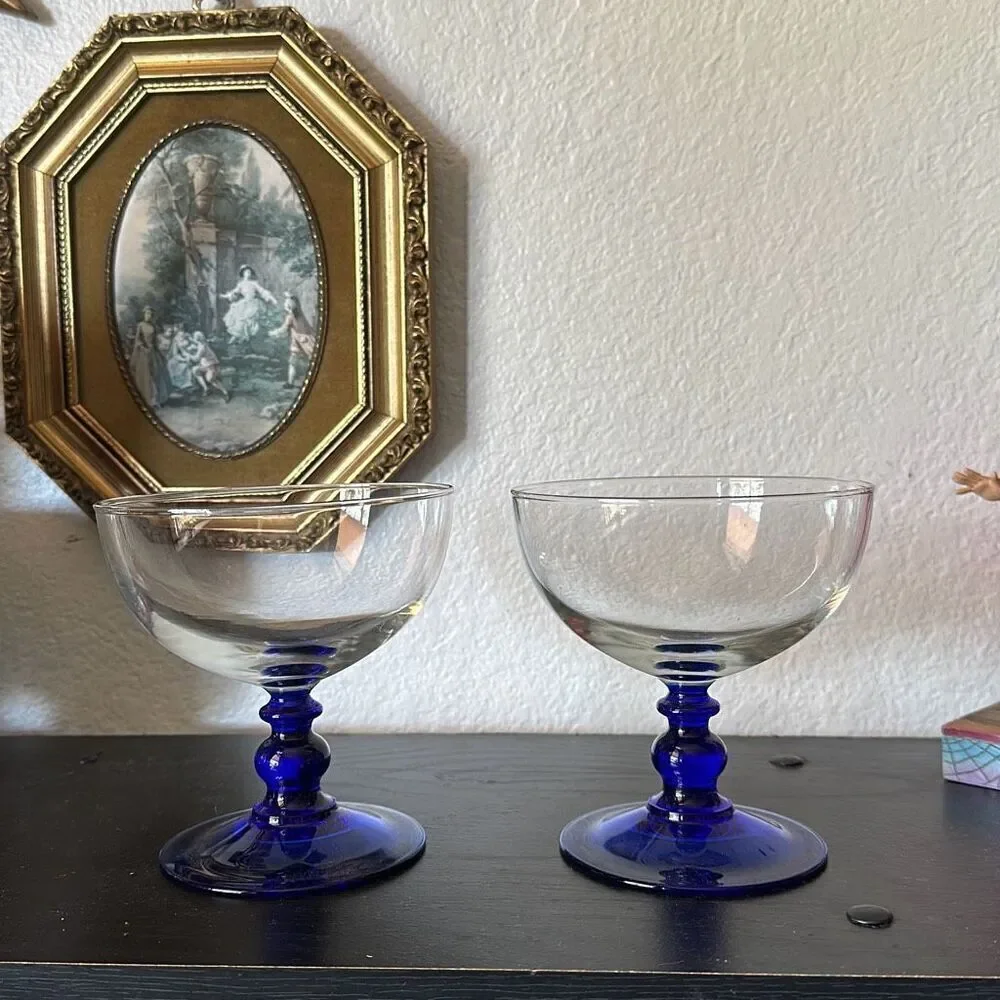 Set of two blue cocktail glasses short margarita / cocktail glasses